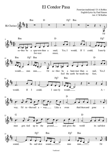 El Condor Pasa - for Bb clarinet (with YouTube backing track) (arr. Christy Kalfas)