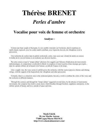 Thérèse Brenet : Perles d'Ambre, vocalize for female voice and orchestra - score