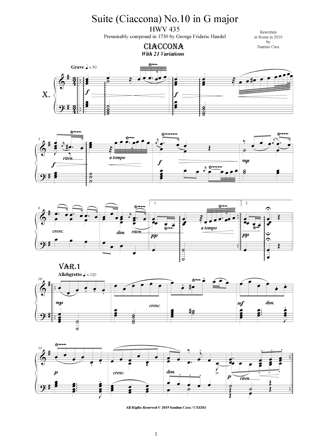 Handel - Piano Suite No.10 (Ciaccona with 21 variations) in G major HWV 435 (arr. Santino Cara)