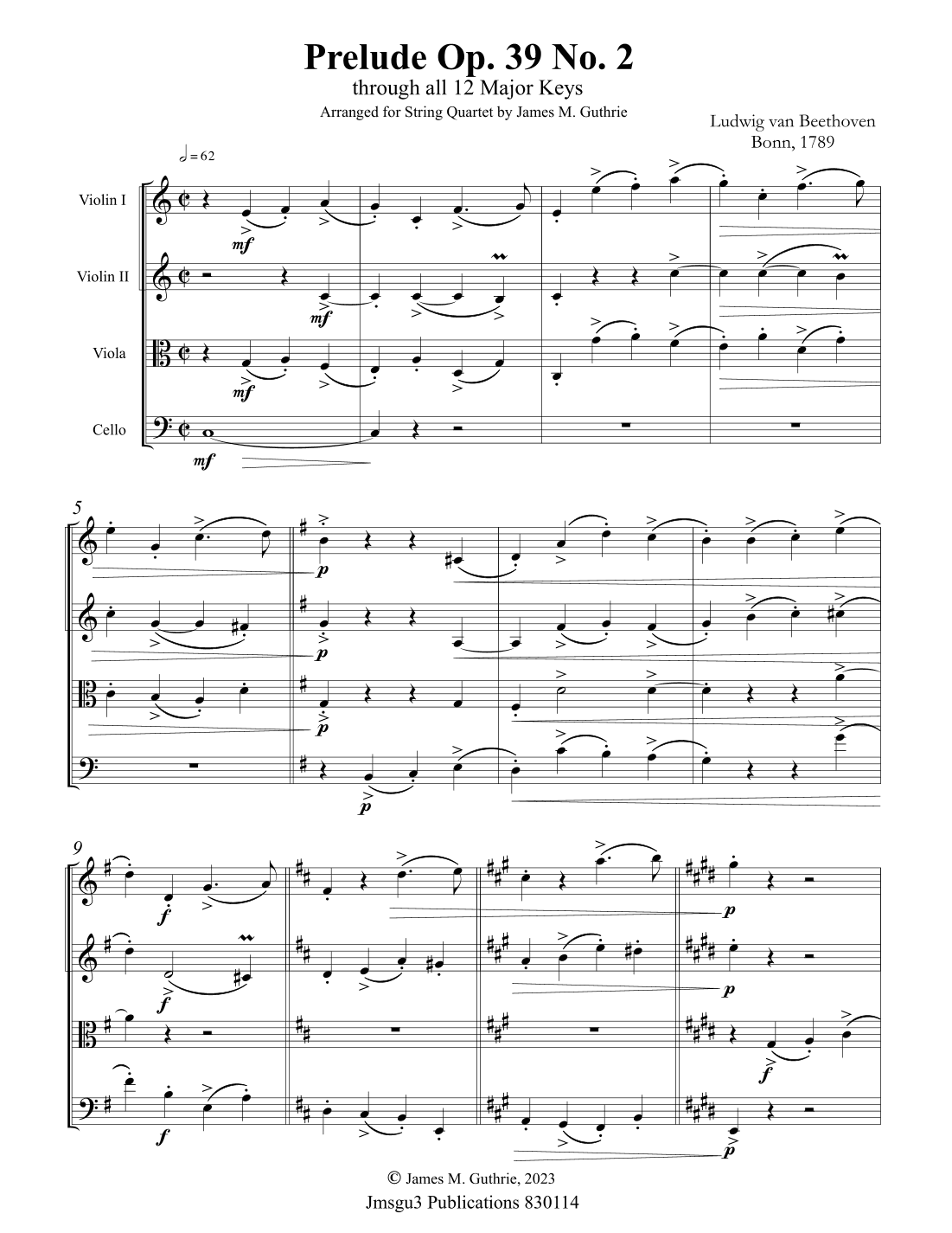 Beethoven: Prelude Op. 39 No. 2 for String Quartet (arr. James M. Guthrie, ASCAP)