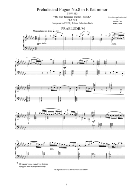 Bach - Prelude and Fugue No.8 in E flat minor BWV 853 for Piano (arr. Santino Cara)