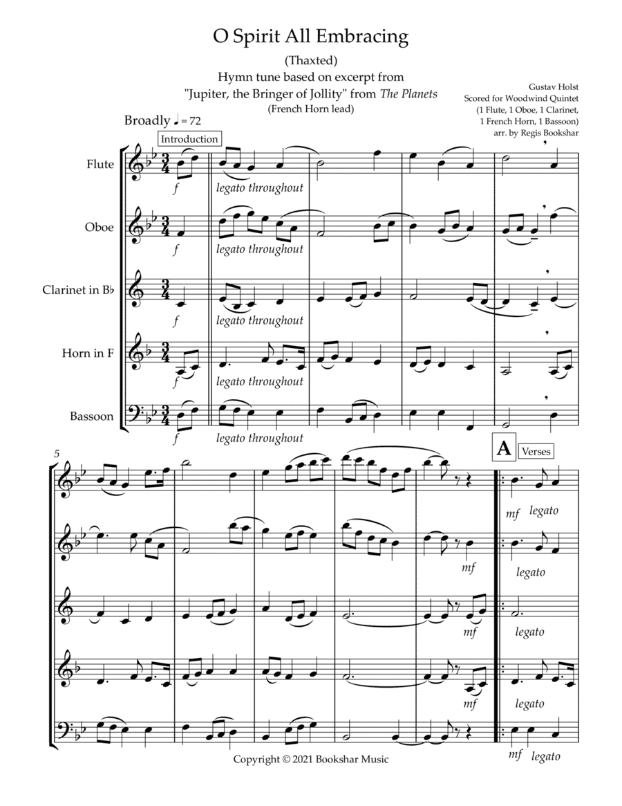 O Spirit All-Embracing (Thaxted) (Bb) (Woodwind Quintet - 1 Flute, 1 Oboe, 1 Clar, 1 Hrn, 1 Bassoon) (arr. Regis Bookshar)