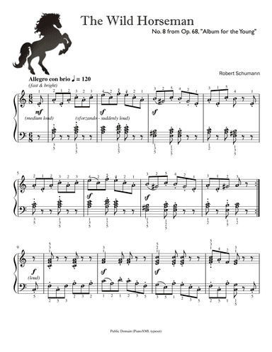The Wild Horseman Op. 68 No. 8 by Schumann ~ Self-Learning Series with note names, finger numbers (arr. Published Harmony)