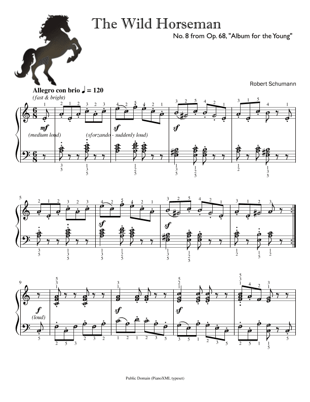 The Wild Horseman Op. 68 No. 8 by Schumann ~ Self-Learning Series with note names, finger numbers (arr. Published Harmony)