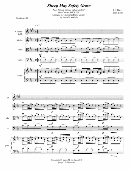 Bach: Sheep May Safely Graze for Clarinet & Piano Quartet (arr. James M. Guthrie, ASCAP)