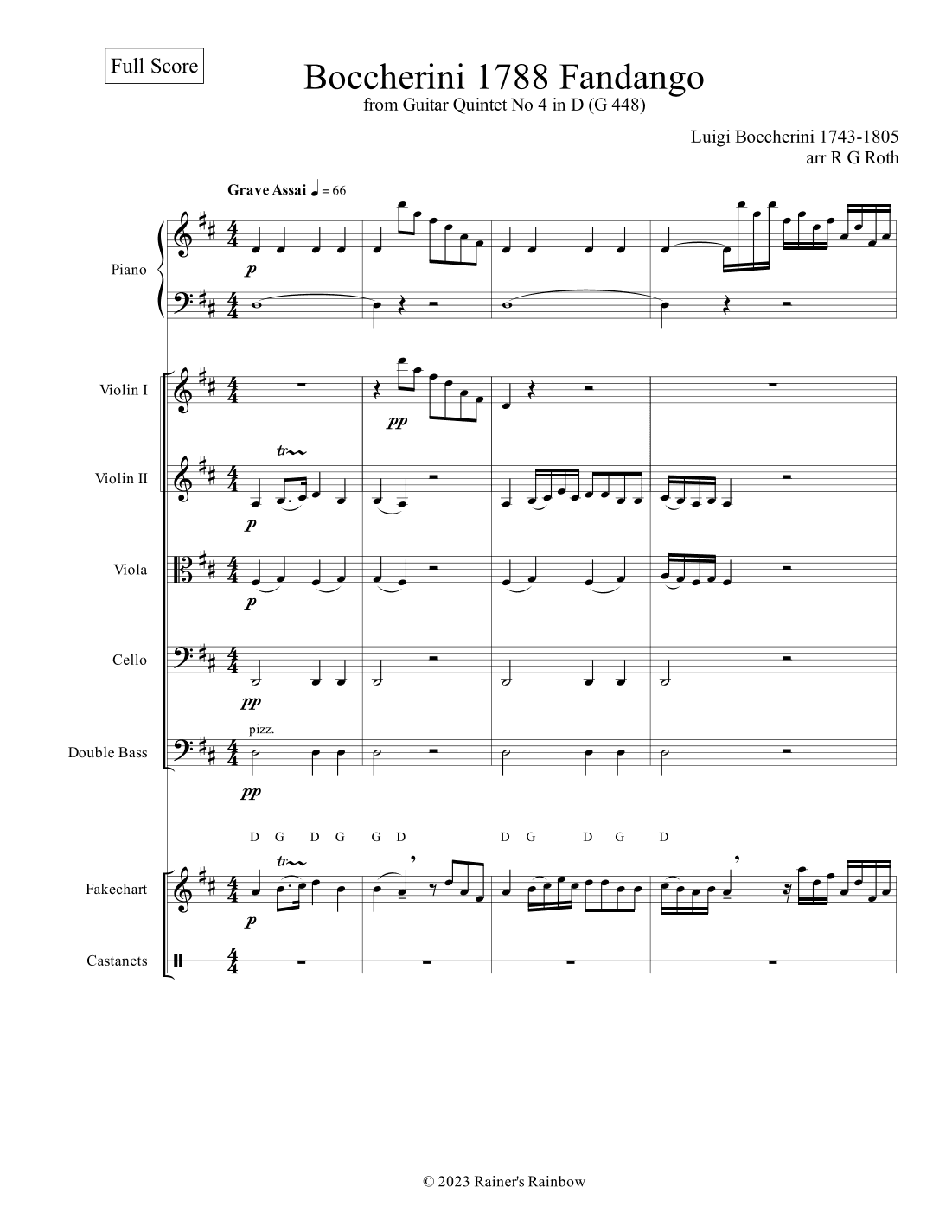 Boccherini 1788 Fandango Chamber Orchestra Piano Score and Part (arr. R G Roth)