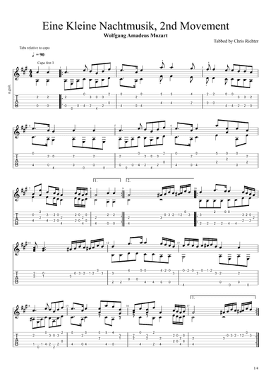 Eine kleine Nachtmusik II. Romanza Andante (Solo Fingerstyle Guitar Tab) (arr. Chris Richter)