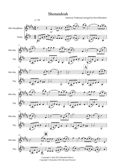 Shenandoah for Alto Saxophone and Violin Duet (arr. David Burndrett)