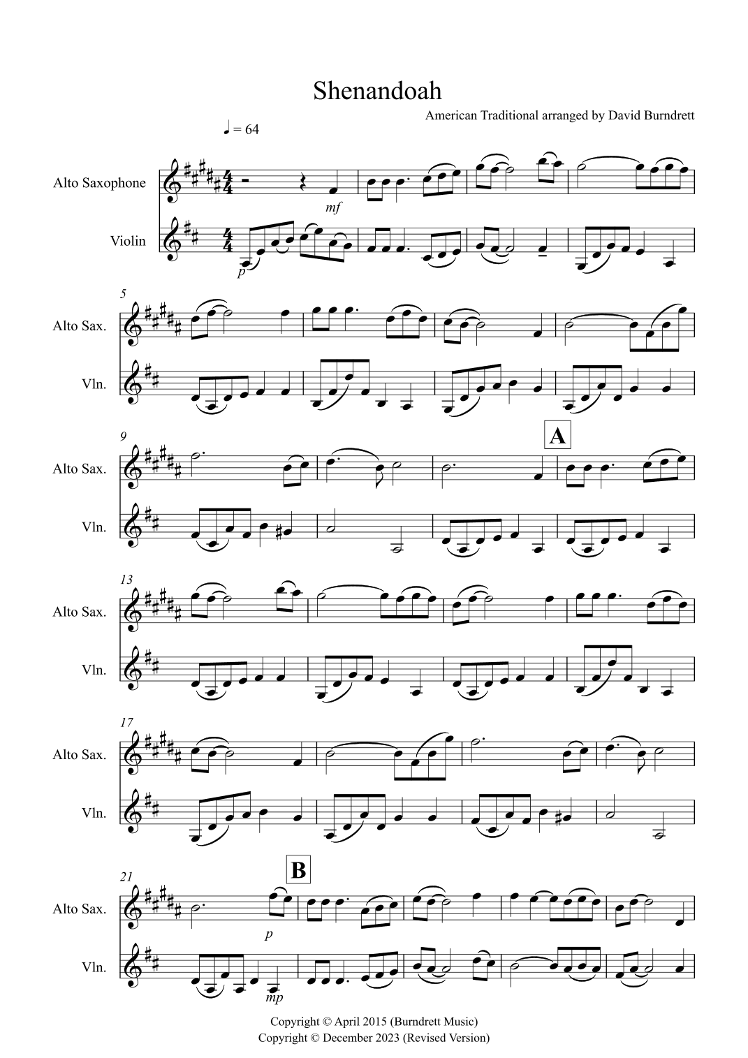 Shenandoah for Alto Saxophone and Violin Duet (arr. David Burndrett)