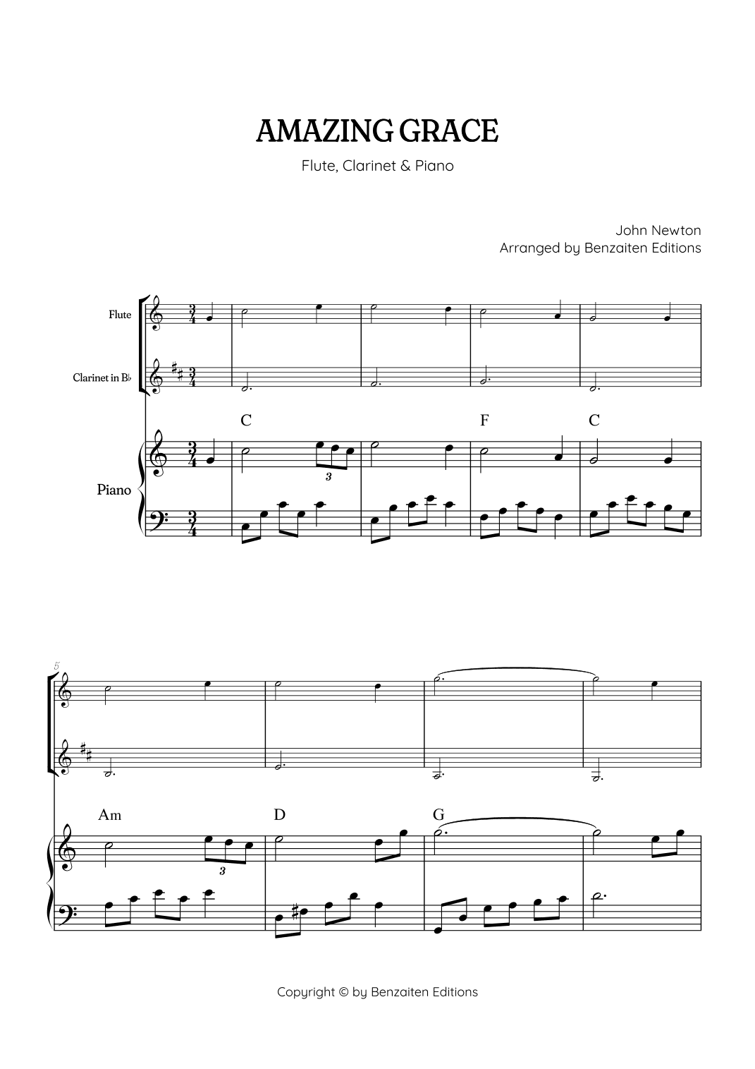 Amazing Grace • easy flute and clarinet sheet music with piano accompaniment and chords (arr. Benzaiten Editions)