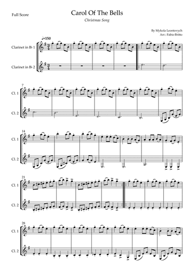 Carol Of The Bells (Christmas Song) for Clarinet in Bb Duo (D Minor) (arr. Fabio Britto)