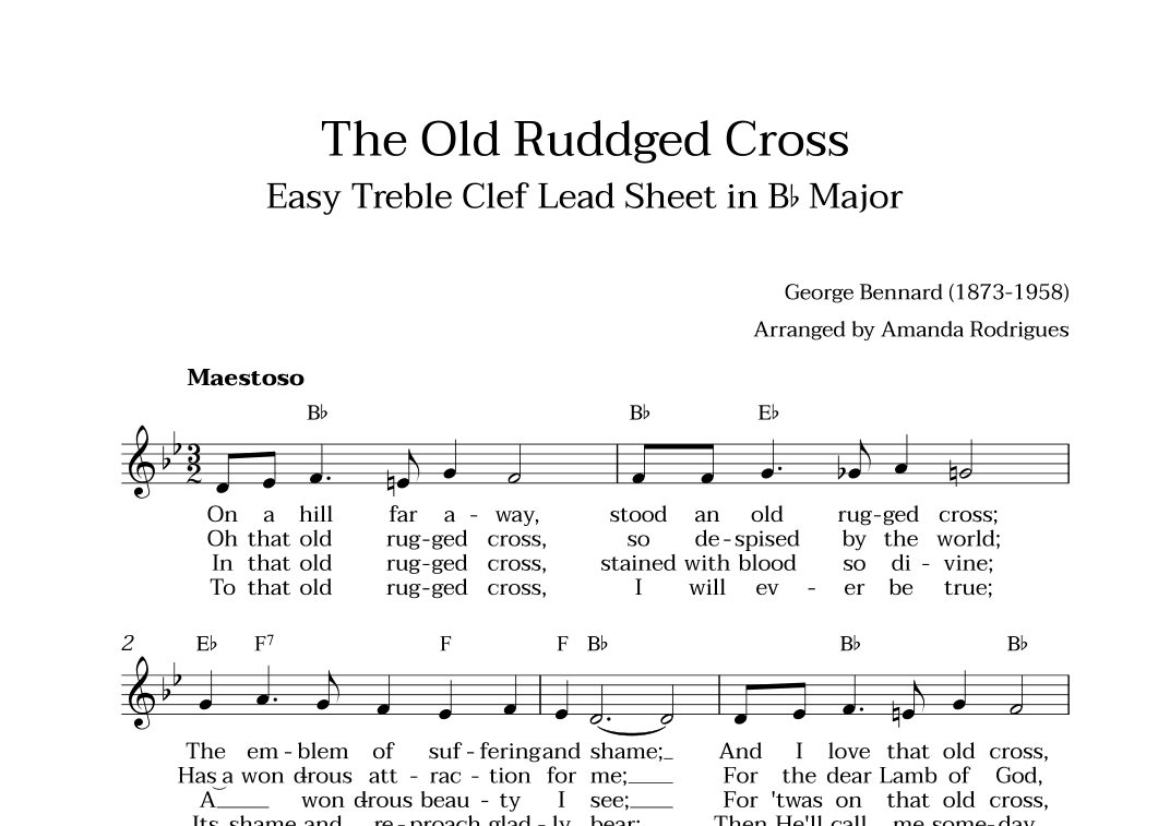 The Old Rugged Cross in Bb Major - Easy Treble Clef Lead Sheet (arr. Amanda Cerqueira Rodrigues)
