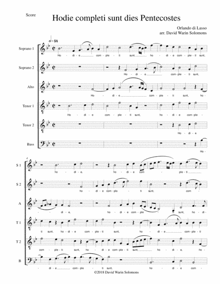 Hodie completi sunt by Orlando di Lasso for SSATTB (arr. David Warin Solomons)
