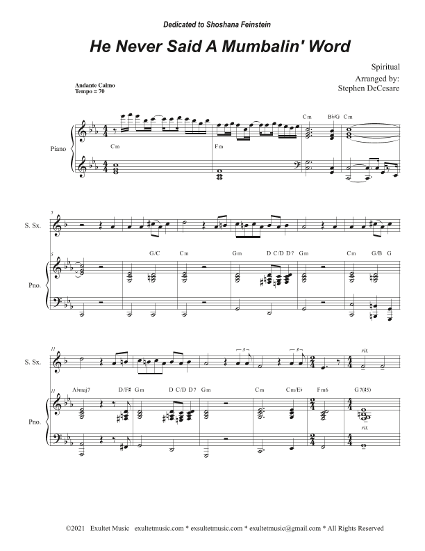 He Never Said A Mumbalin' Word (Soprano Saxophone and Piano) (arr. Stephen DeCesare)