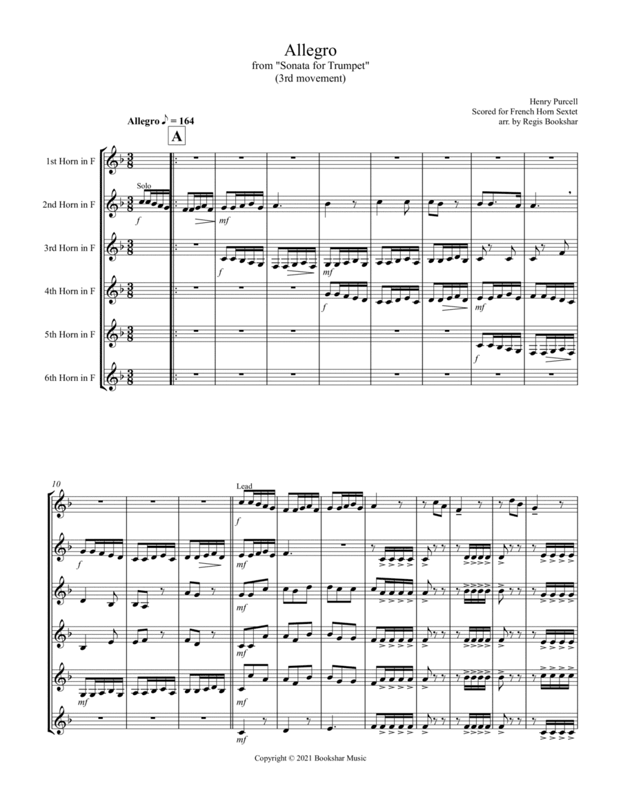 Allegro (from "Sonata for Trumpet") (Bb) (French Horn Sextet) (arr. Regis Bookshar)