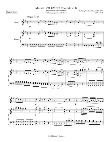 Mozart 1791 KV 622 Oboe Concerto in G with Piano Score and Solo Part Only (arr. R G Roth)