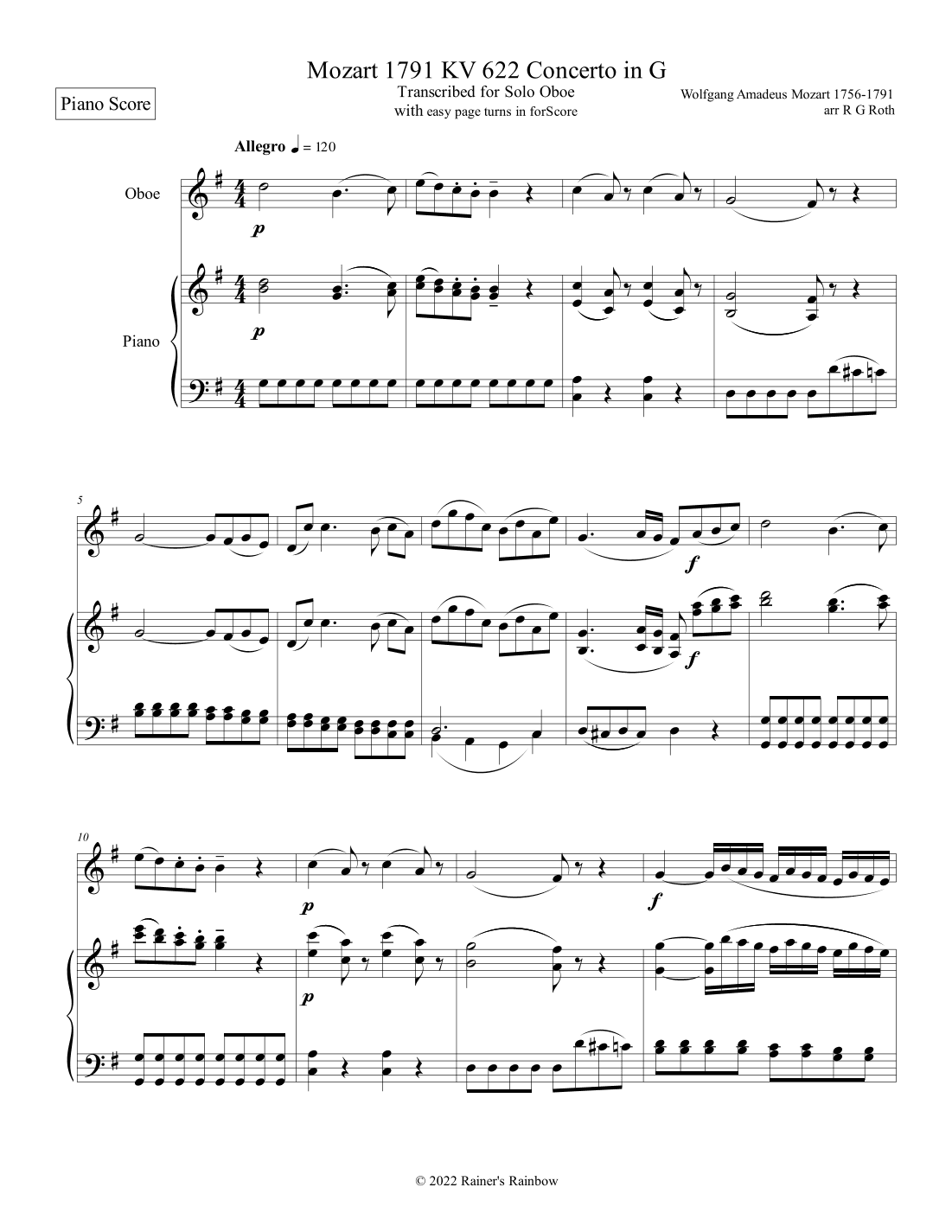 Mozart 1791 KV 622 Oboe Concerto in G with Piano Score and Solo Part Only (arr. R G Roth)