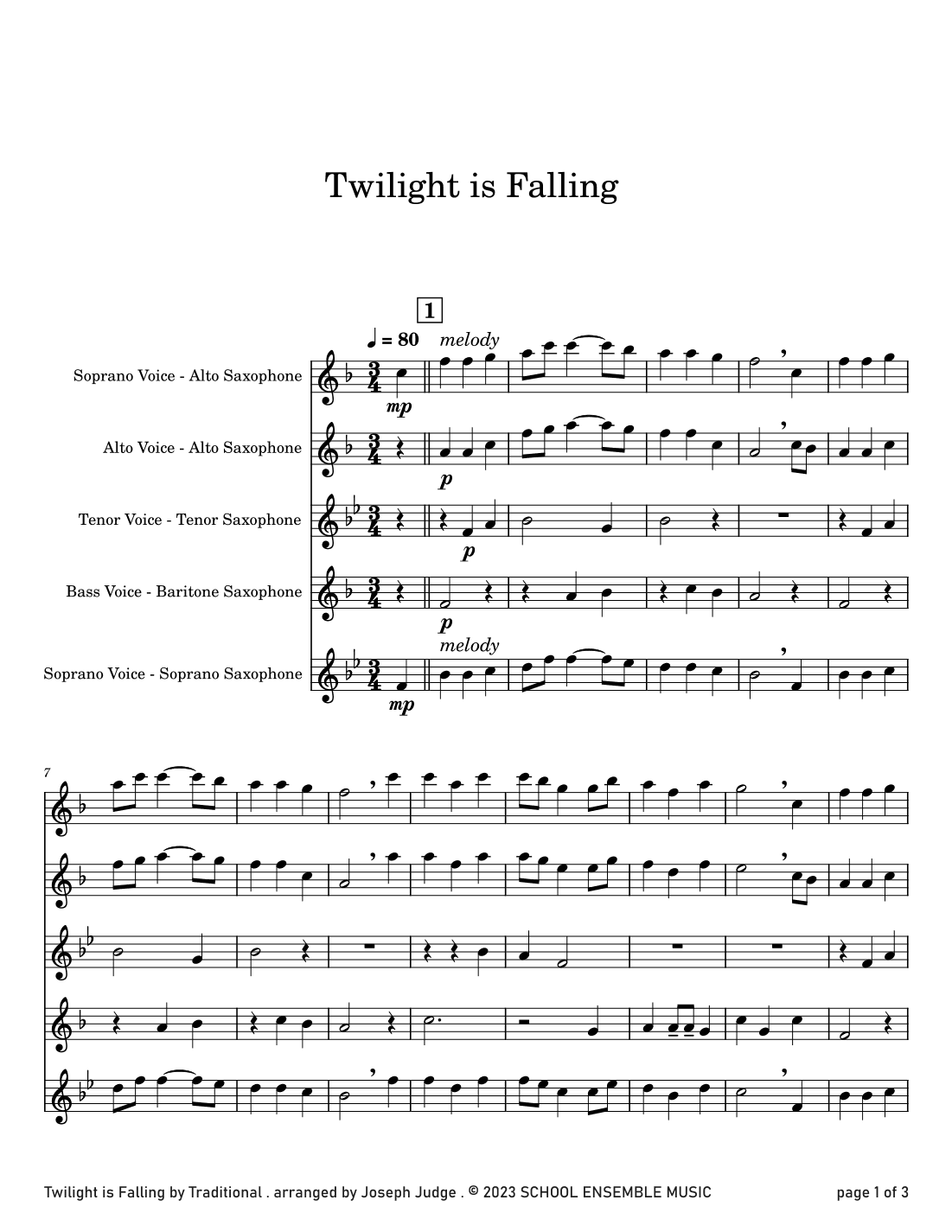 Twilight Is Falling for Saxophone Quartet in Schools (arr. Joseph Judge)
