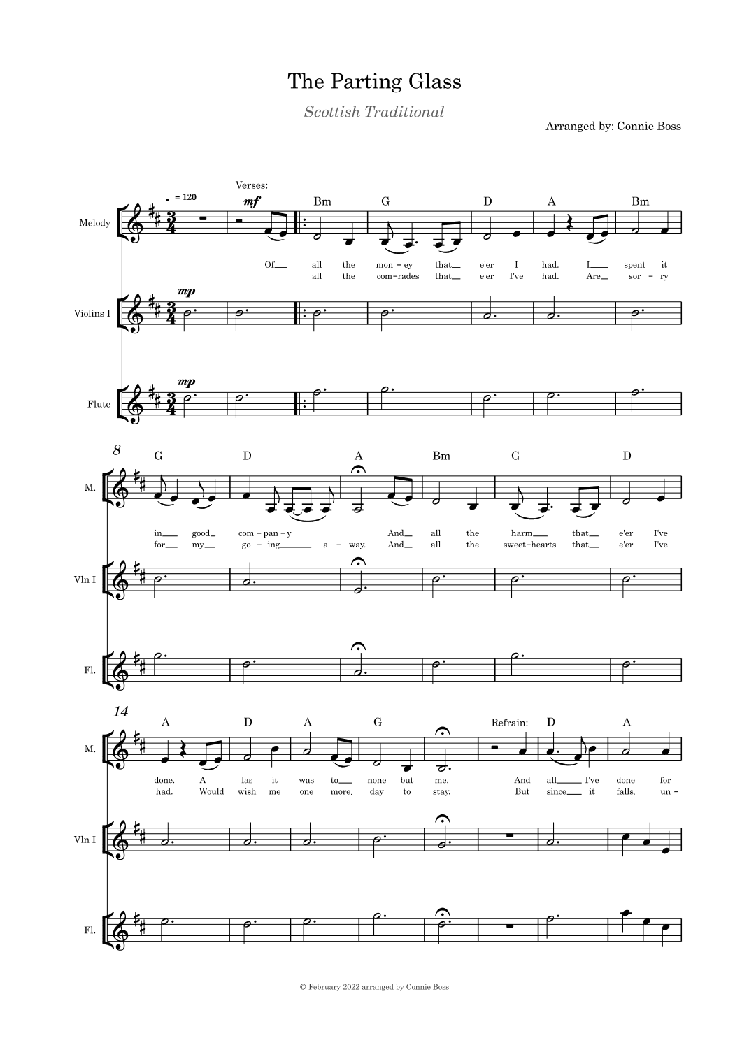 The Parting Glass - lower key (D) - solo, flute, violin (arr. Connie Boss)