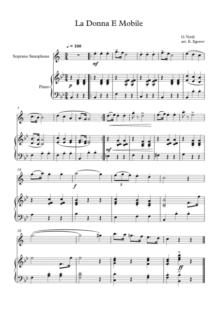 La Donna E Mobile, Giuseppe Verdi, For Soprano Saxophone & Piano (arr. Eugene Egorov)