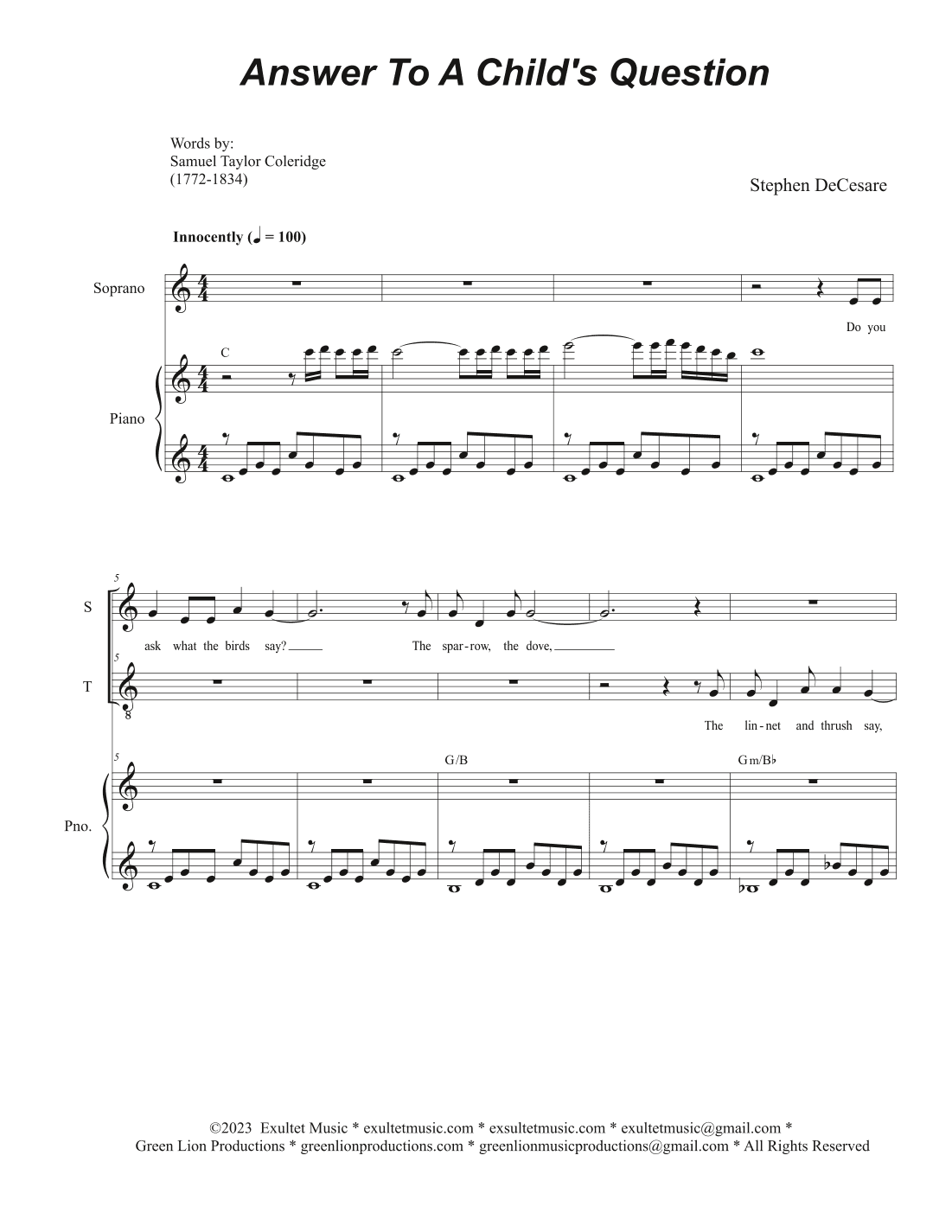 Answer To A Child's Question (Duet for Soprano and Tenor solo)