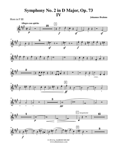 Brahms Symphony No. 2, Movement IV - Horn in F 3 (Transposed Part), Op. 73 (arr. Doug Clyde)