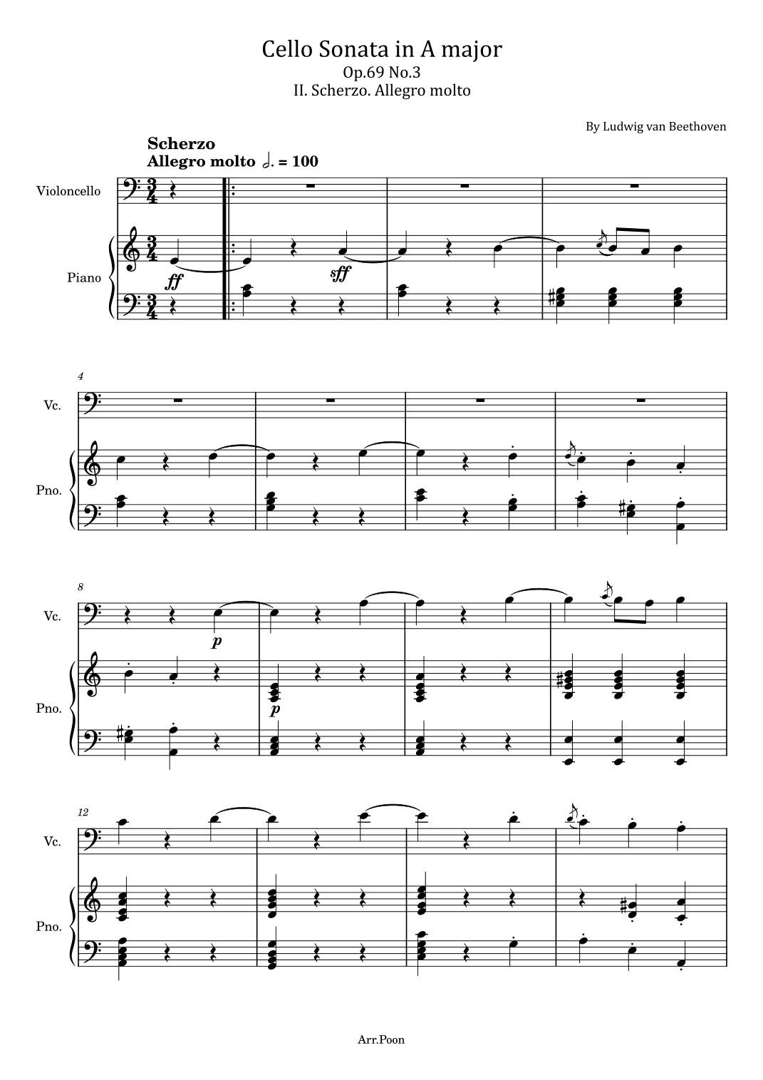 Beethoven - Cello Sonata in A Major - Op.69 No.3 II. Scherzo. Allegro molto - For Piano and Cello (arr. poon)