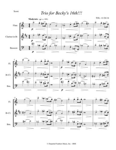 Trio for Becky's 16th (2014) for flute, clarinet and bassoon.
