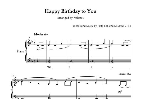 Happy Birthday to You Piano in F Easy Intermediate Pedal (arr. Milanov)