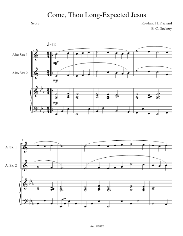 Come, Thou Long-Expected Jesus (Alto Sax Duet with Piano Accompaniment) (arr. B. C. Dockery)