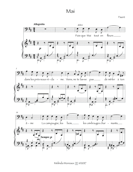 Mai (Gabriel Faurè) For low voice, in bass clef (arr. Melinda Moreaux)