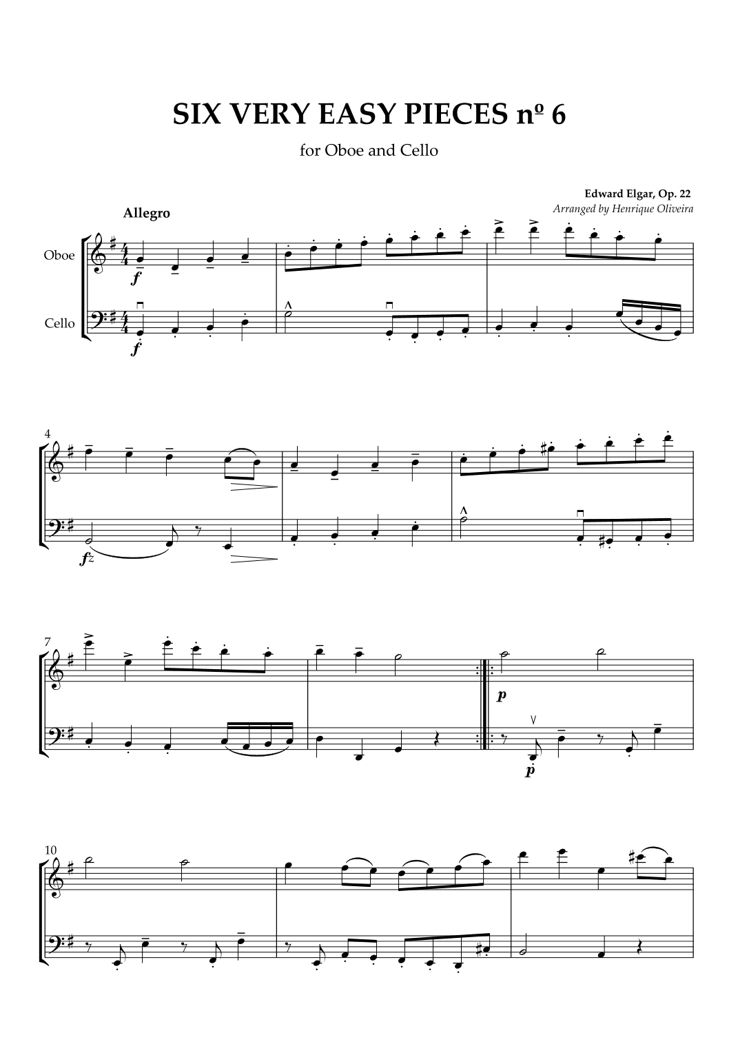 Six Very Easy Pieces nº 6 (Allegro) - Oboe and Cello (arr. Henrique Oliveira)