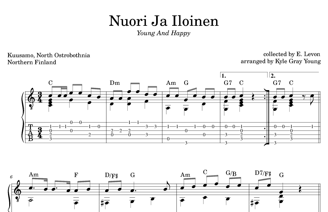 Nuori Ja Iloinen (Young And Happy) (guitar tab) (arr. Kyle Gray Young)