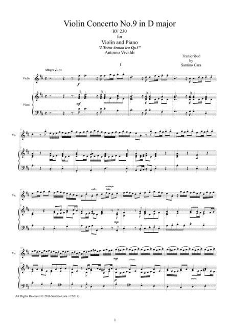 Vivaldi - Violin Concerto No.9 Op.3 in D major RV 230 for Violin and Piano (arr. Santino Cara)