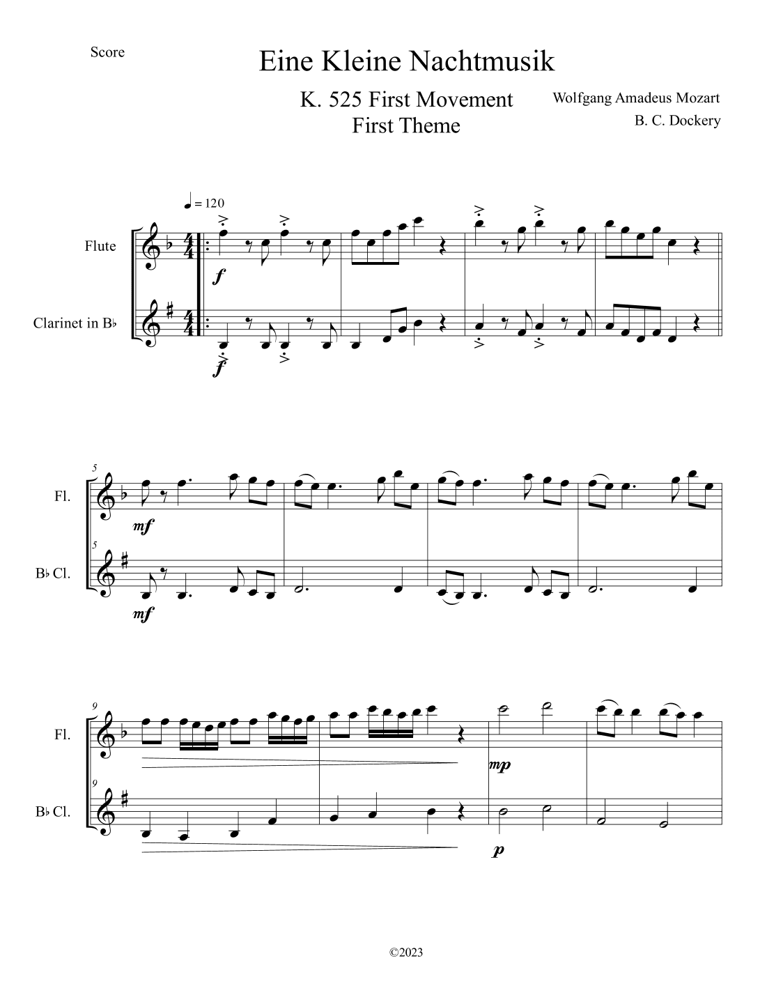 Eine Kleine Nachtmusik (A Little Night Music) K. 525 Mvmt. I for Flute and Clarinet Duet (arr. B. C. Dockery)