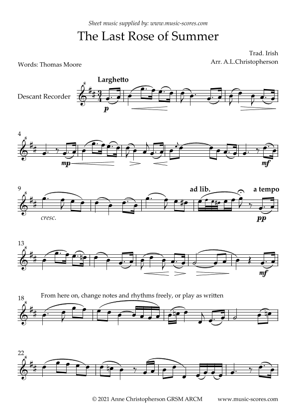 The Last Rose of Summer - Unaccompanied Descant Recorder (arr. Anne L Christopherson GRSM ARCM)