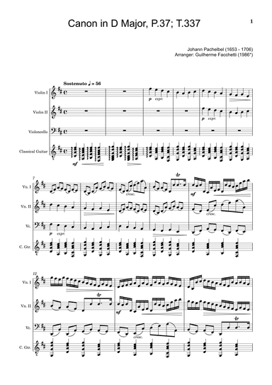 Canon in D Major, P.37; T.337. Arranged for Violin Duet, Violoncello and Guitar. Score and Parts (arr. Guilherme Facchetti)