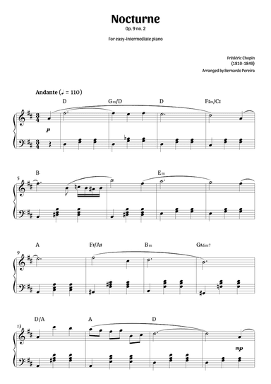 Nocturne Op. 9 no. 2 (easy-intermediate piano in D major – clean with chords) (arr. Bernardo Pereira)