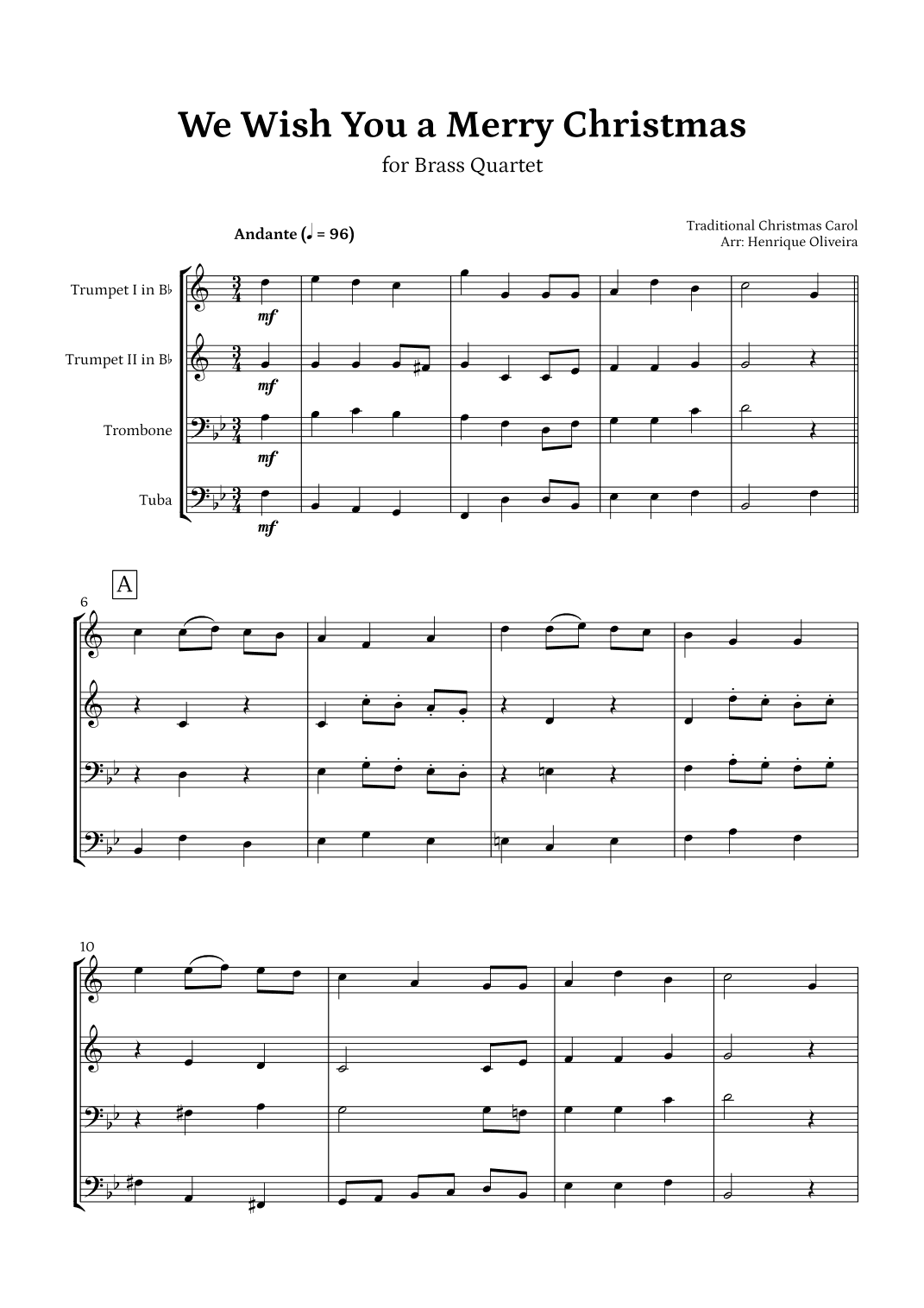 We Wish You a Merry Christmas (Brass Quartet) - Intermediate Level (arr. Henrique Oliveira)
