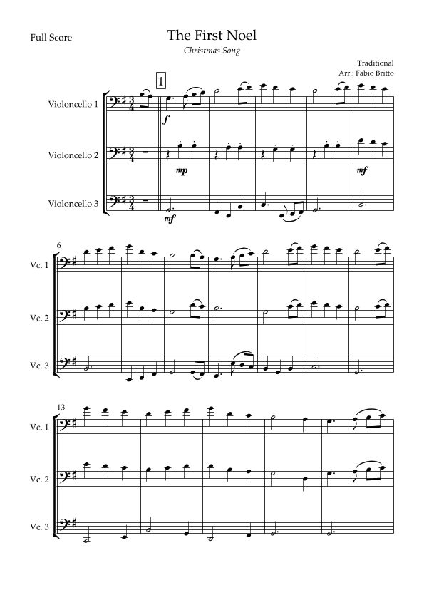 The First Noel (Christmas Song) for Cello Trio (arr. Fabio Britto)