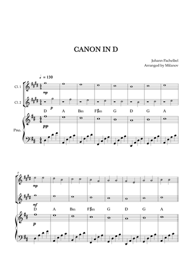 Canon in D | Pachelbel | Clarinet in Bb Duet | Piano accompaniment (arr. Milanov)