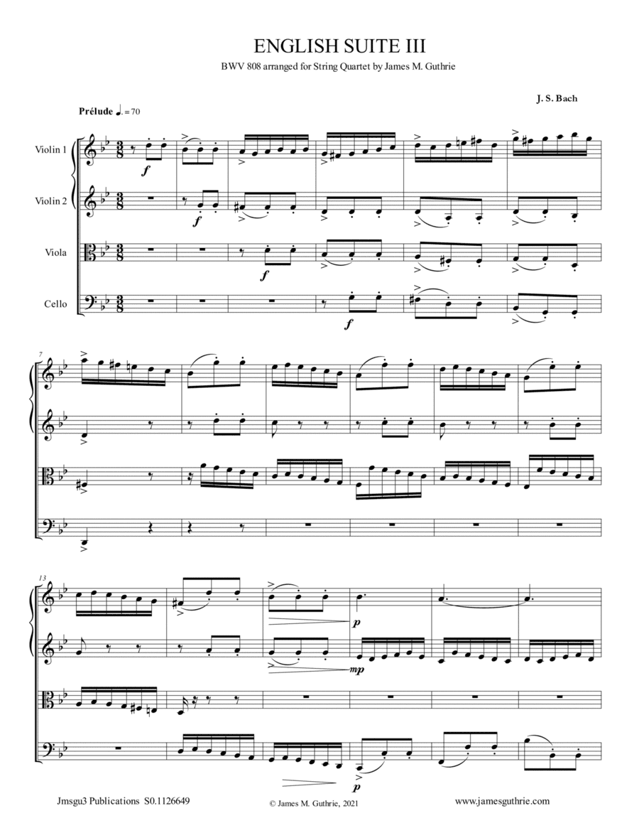 BACH: English Suite No. 3 BWV 808 for String Quartet (arr. James M. Guthrie)
