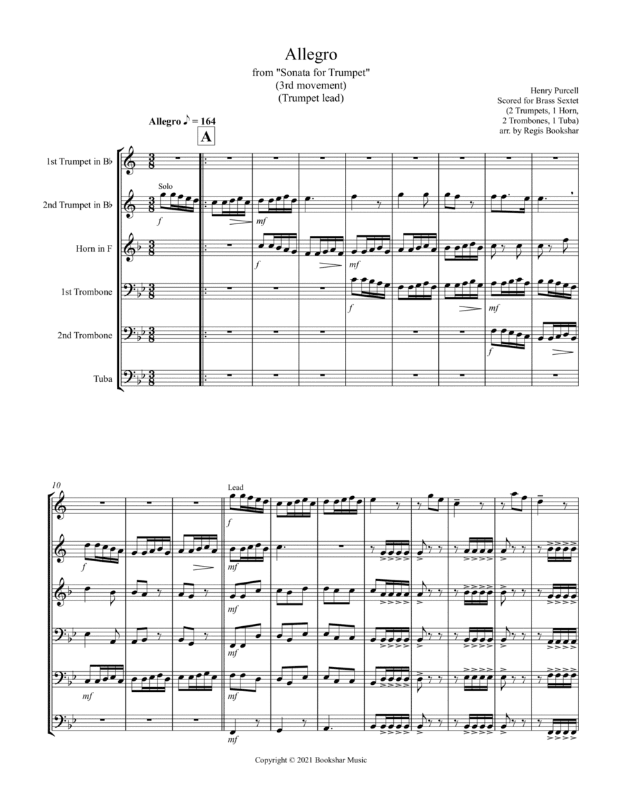Allegro (from "Sonata for Trumpet") (Bb) (Brass Sextet - 2 Trp, 1 Hrn, 2 Trb, 1 Tuba) (Trumpet lead) (arr. Regis Bookshar)