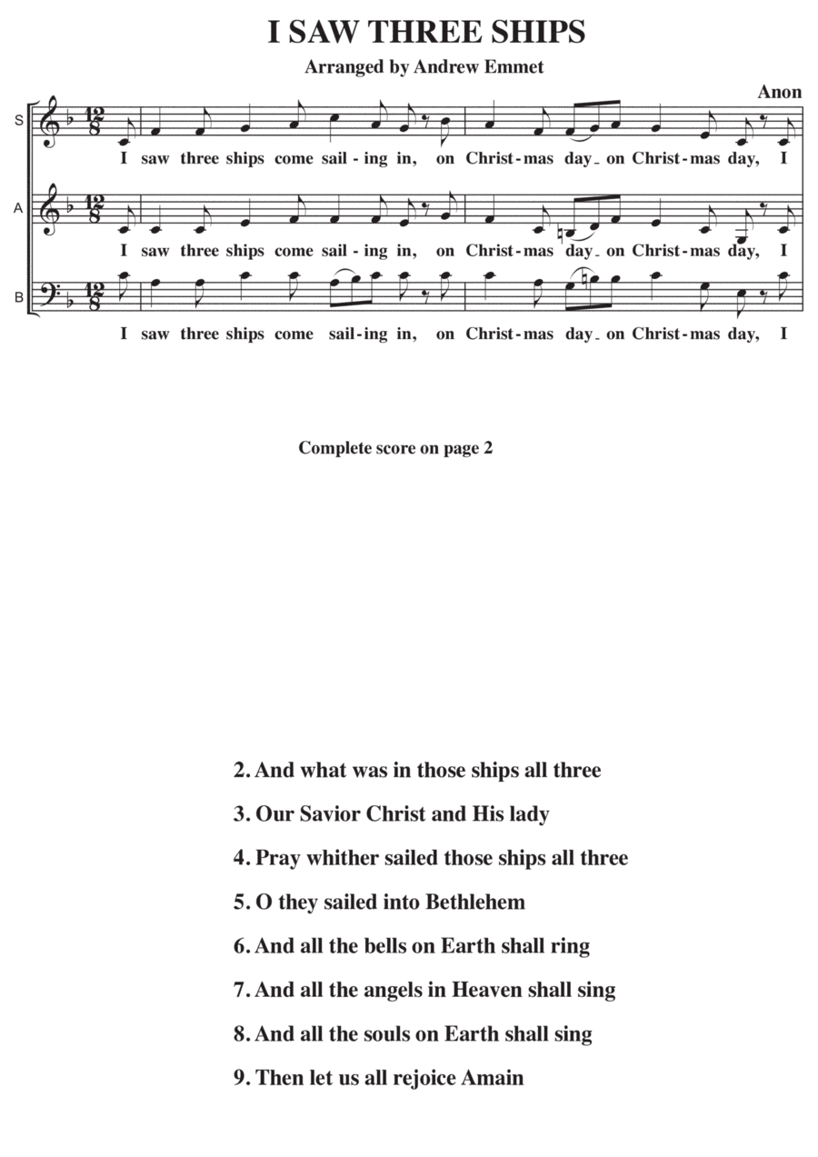 I Saw Three Ships A Cappella SAB (arr. Andrew Emmet)