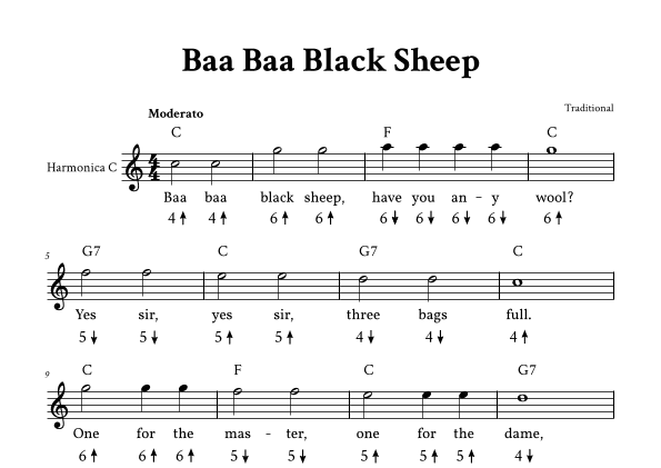 Baa Baa Black Sheep - For Harmonica in C (with TAB and Lyrics - Easy Traditional) (arr. Yuri Noronha)