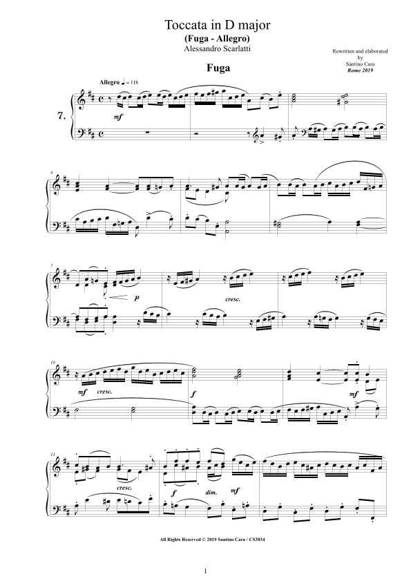 Scarlatti A - Toccata and Fugue No.7 in D major for Piano (arr. Santino Cara)