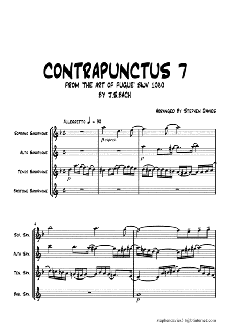 'Contrapunctus 7' By J.S.Bach BWV 1080 from 'The Art of the Fugue' for Saxophone Quartet. (arr. Stephen Davies)