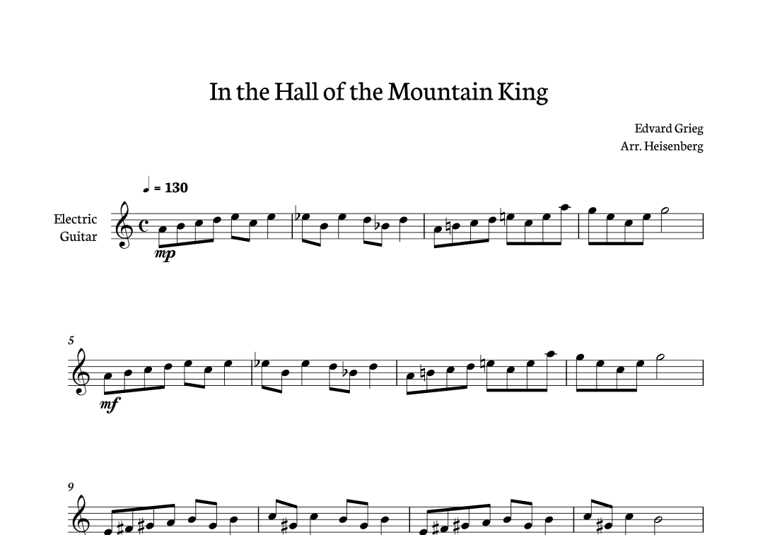 In The Hall of The Mountain King for Eletric Guitar (arr. Heisenberg)