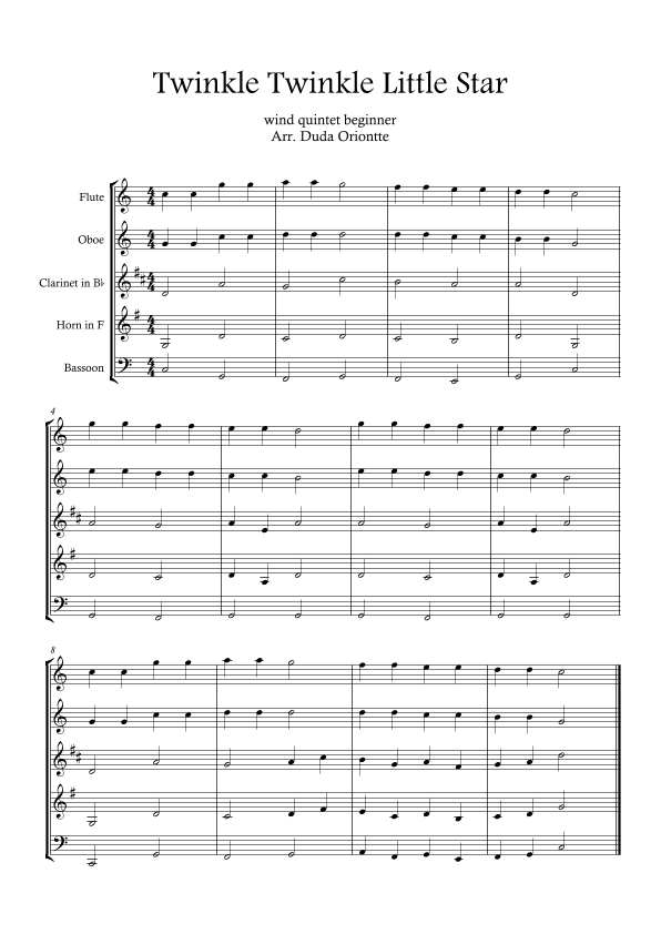 Twinkle Twinkle Little Star (For BEGINNER and kids (wind quintet) (arr. Duda Oriontte)