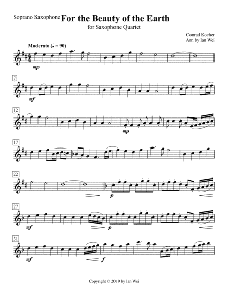 For the Beauty of the Earth for Saxophone Quartet (arr. Ian Wei)